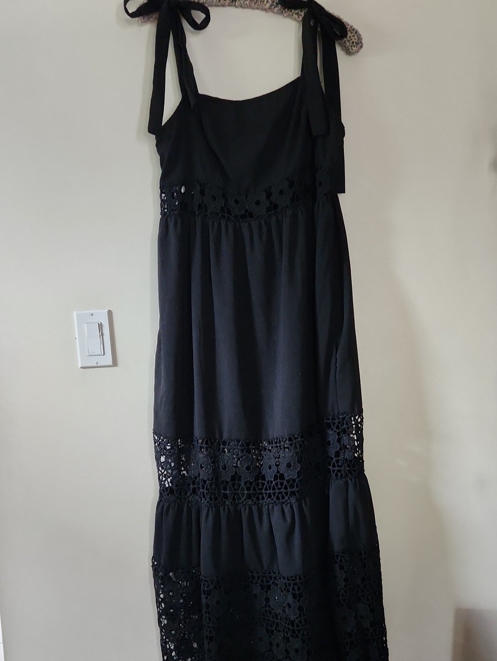 SHEIN Black Crochet-Panel Maxi Dress with Tie Shoulders